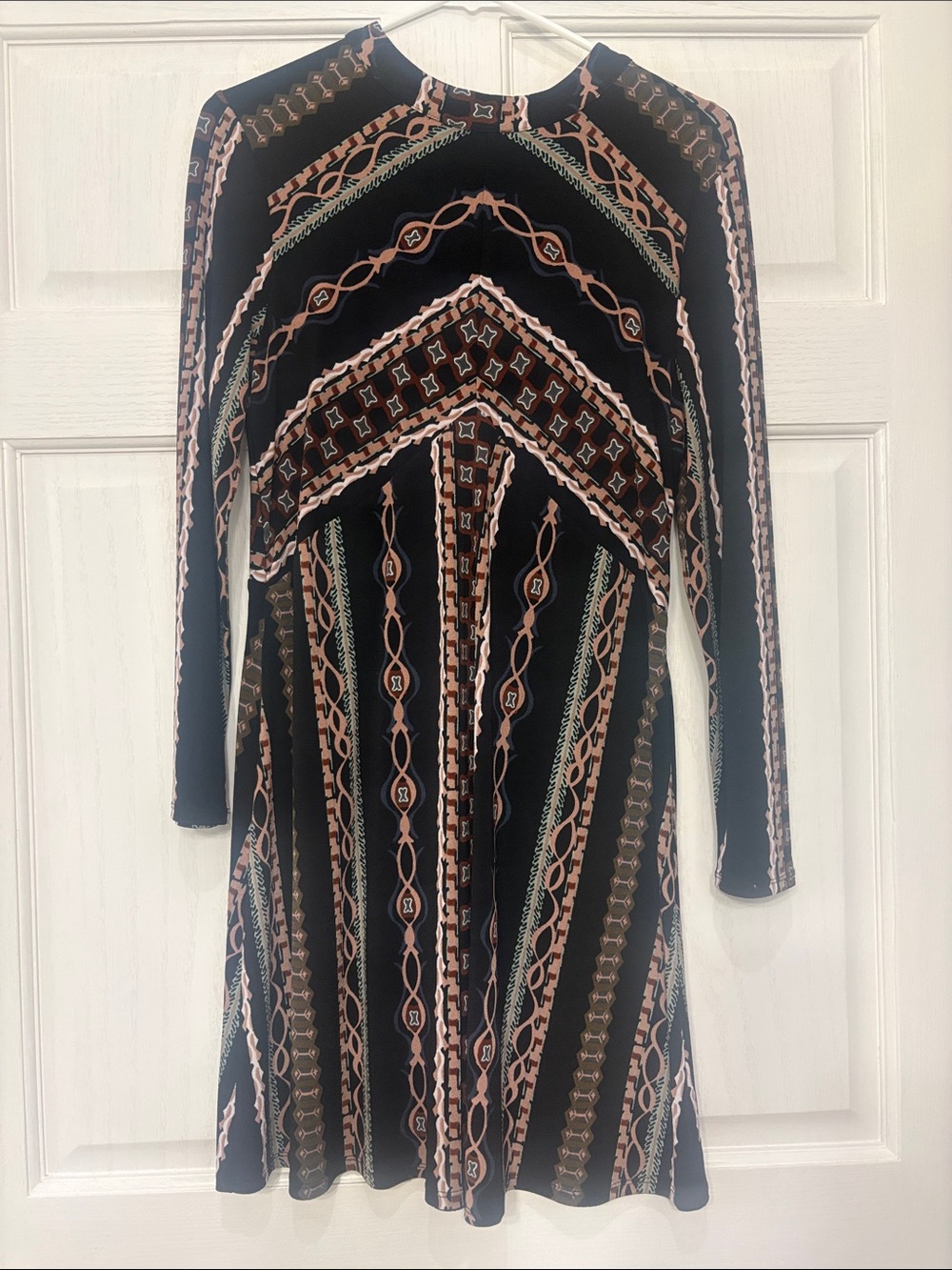 Free People Black Dress with Tan & Cream Geometric Print
